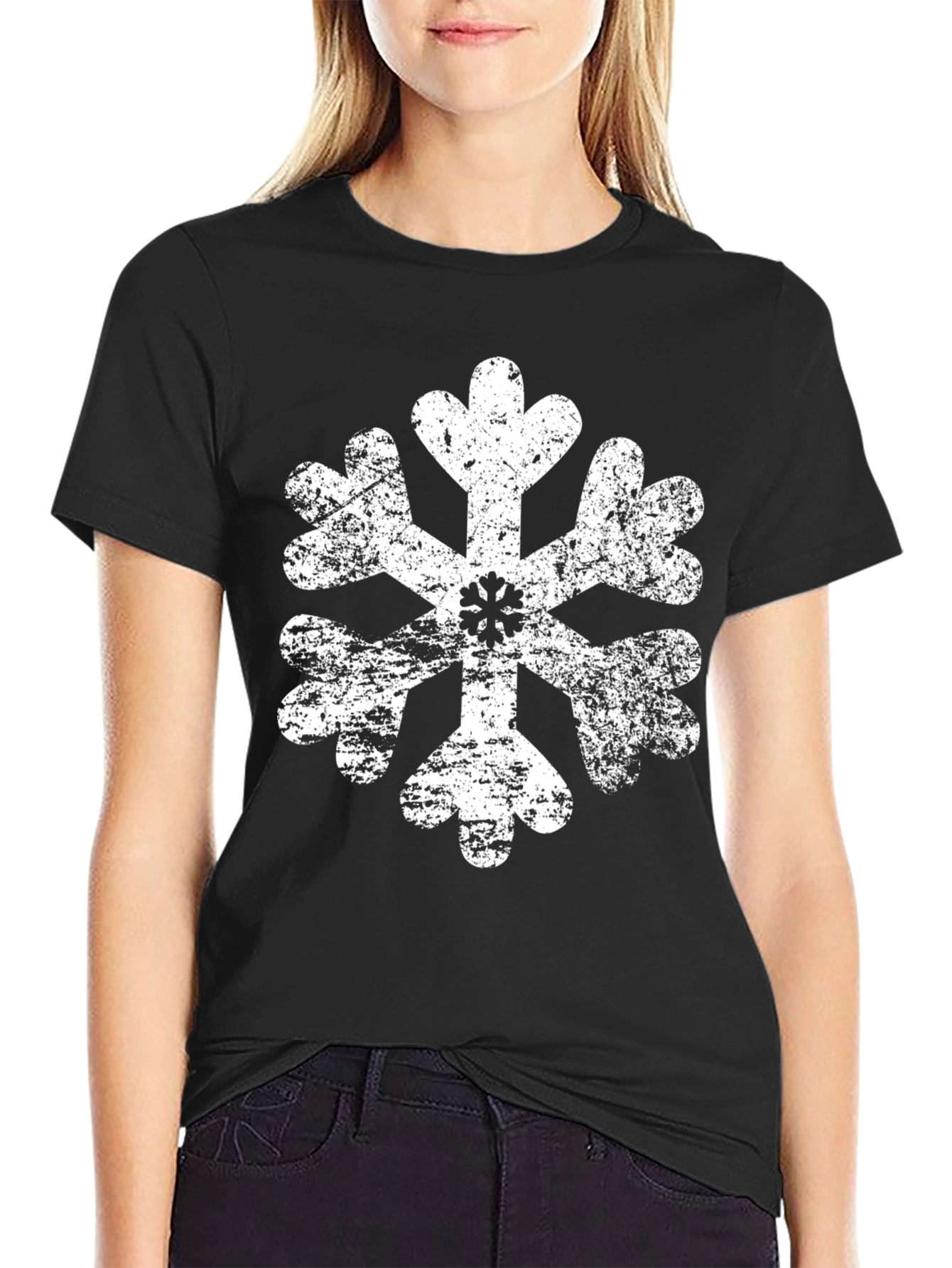 Distressed Snowflake Graphic Tee - Black Cotton Blend