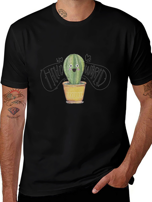 Cactus Hello World Graphic Tee - Black Cotton Casual Shirt