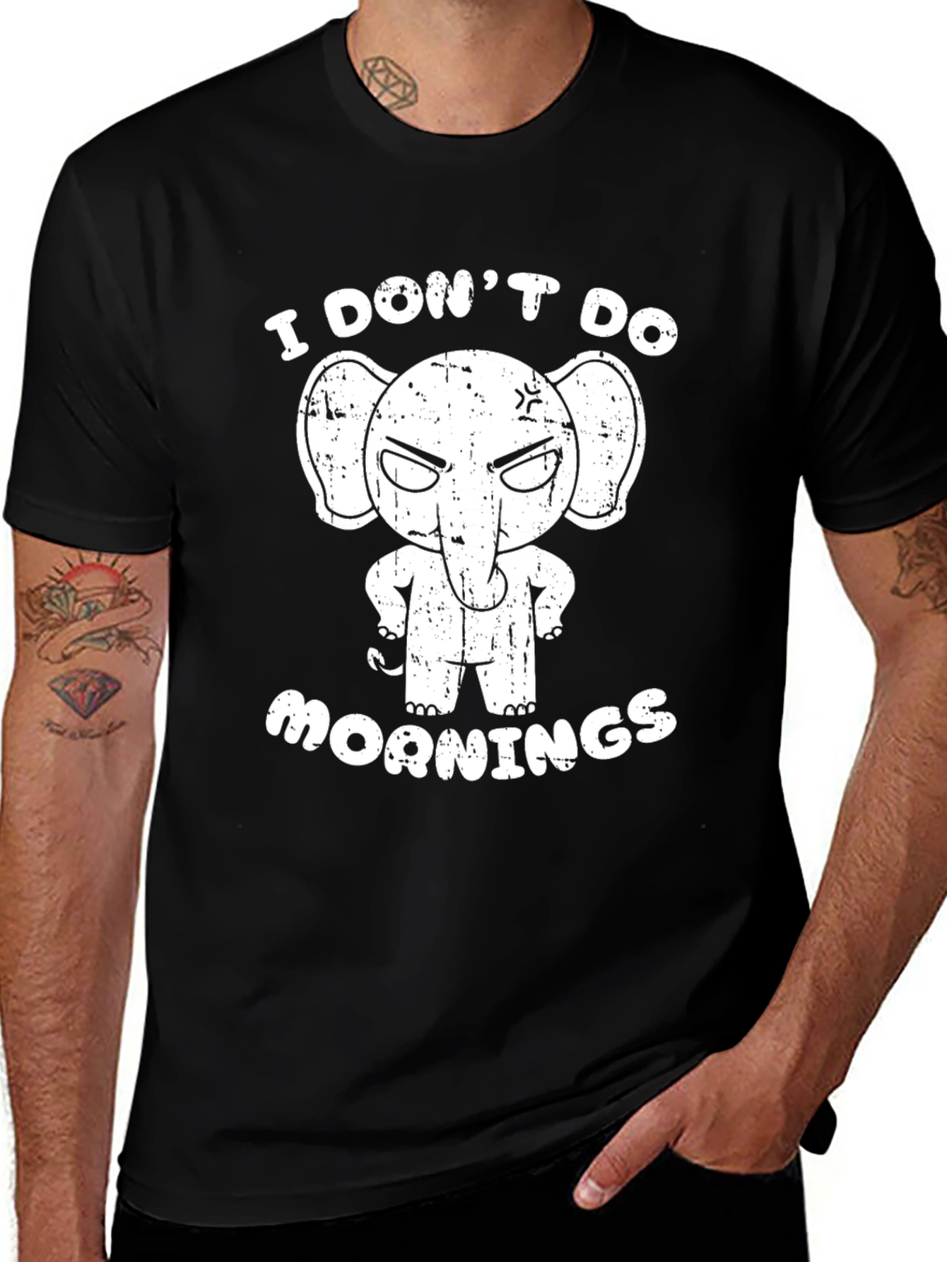 Funny Elephant I Dont Do Mornings Black T-Shirt
