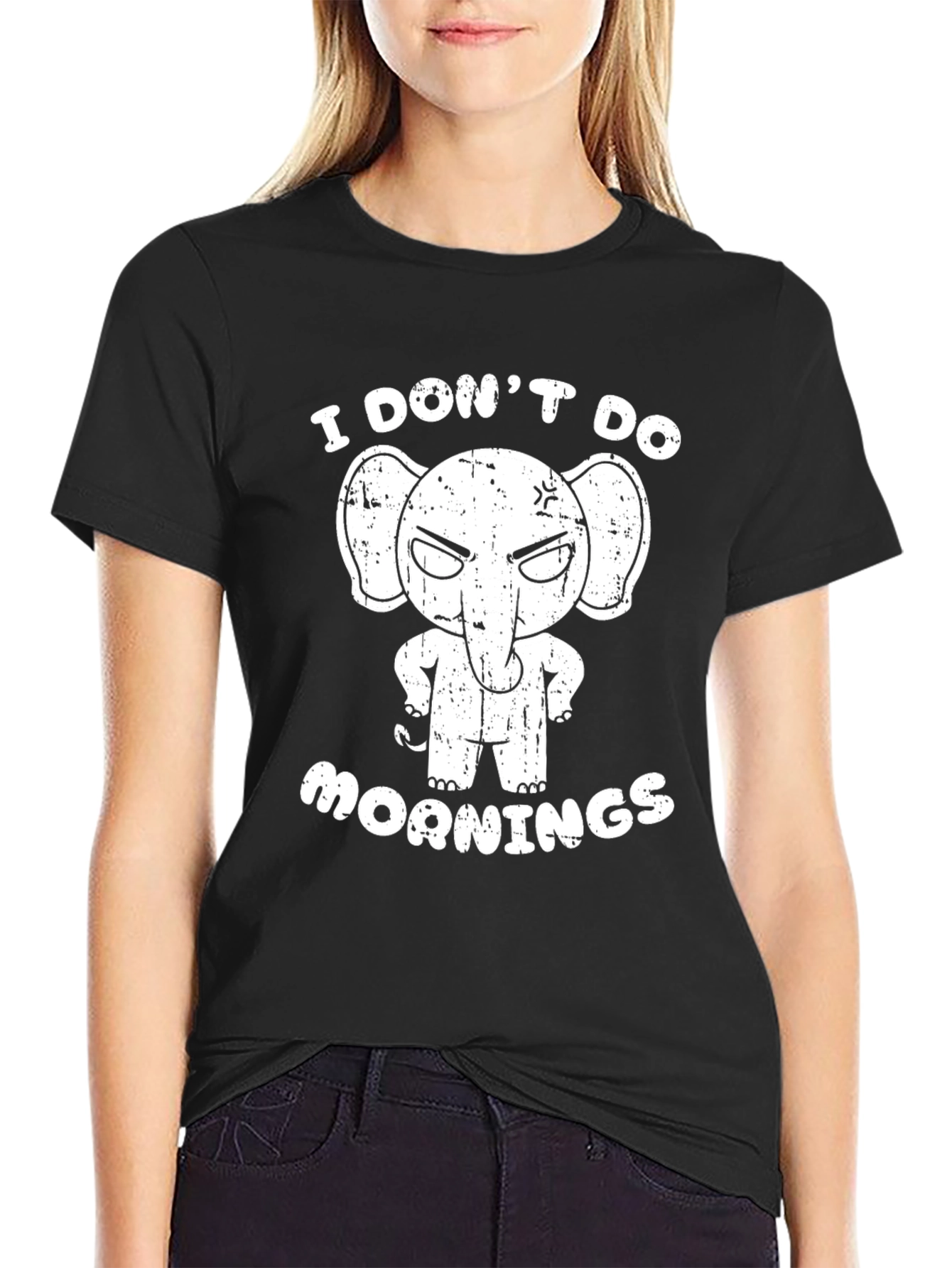 Funny Elephant I Dont Do Mornings Black T-Shirt