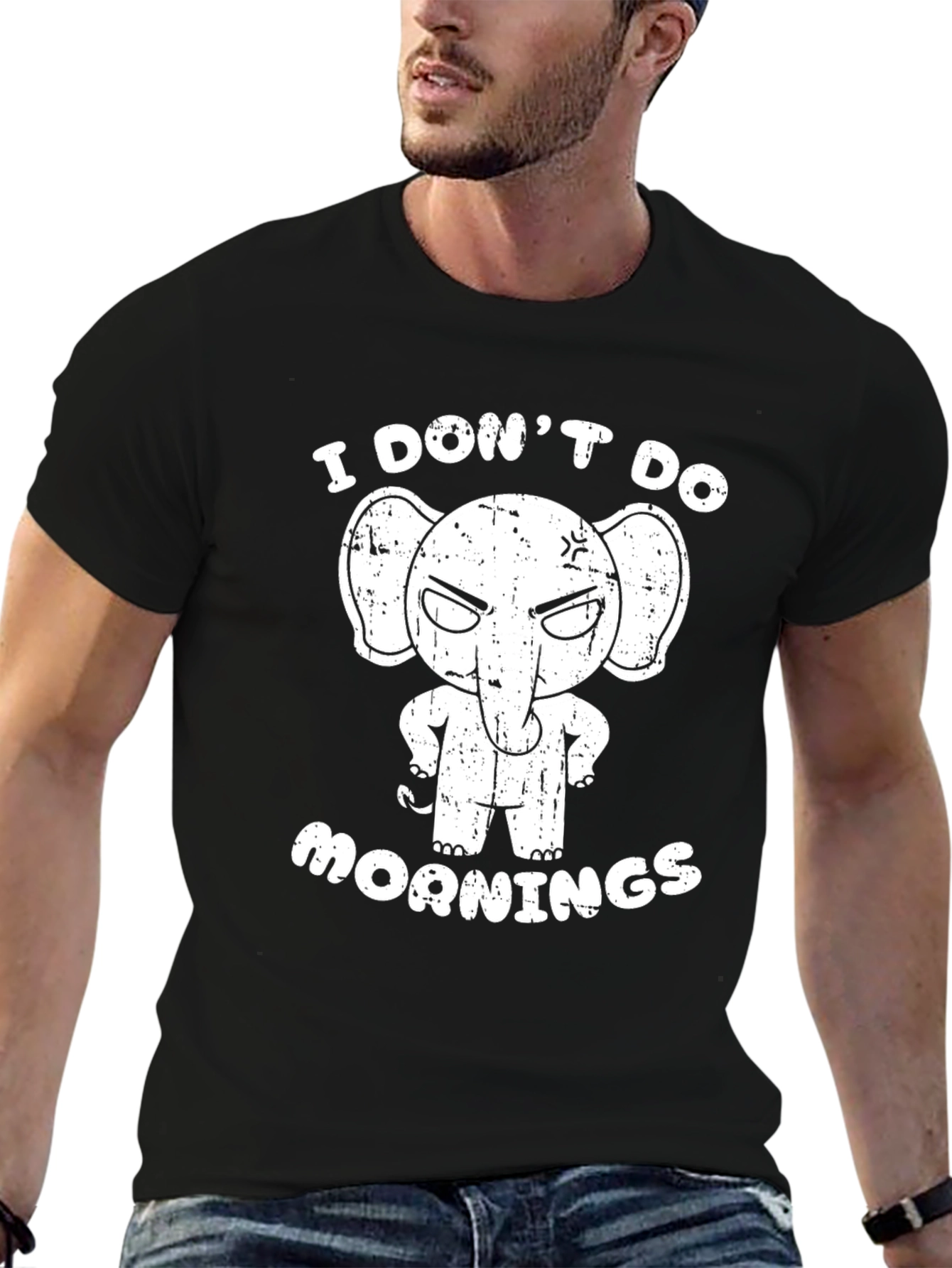Funny Elephant I Dont Do Mornings Black T-Shirt