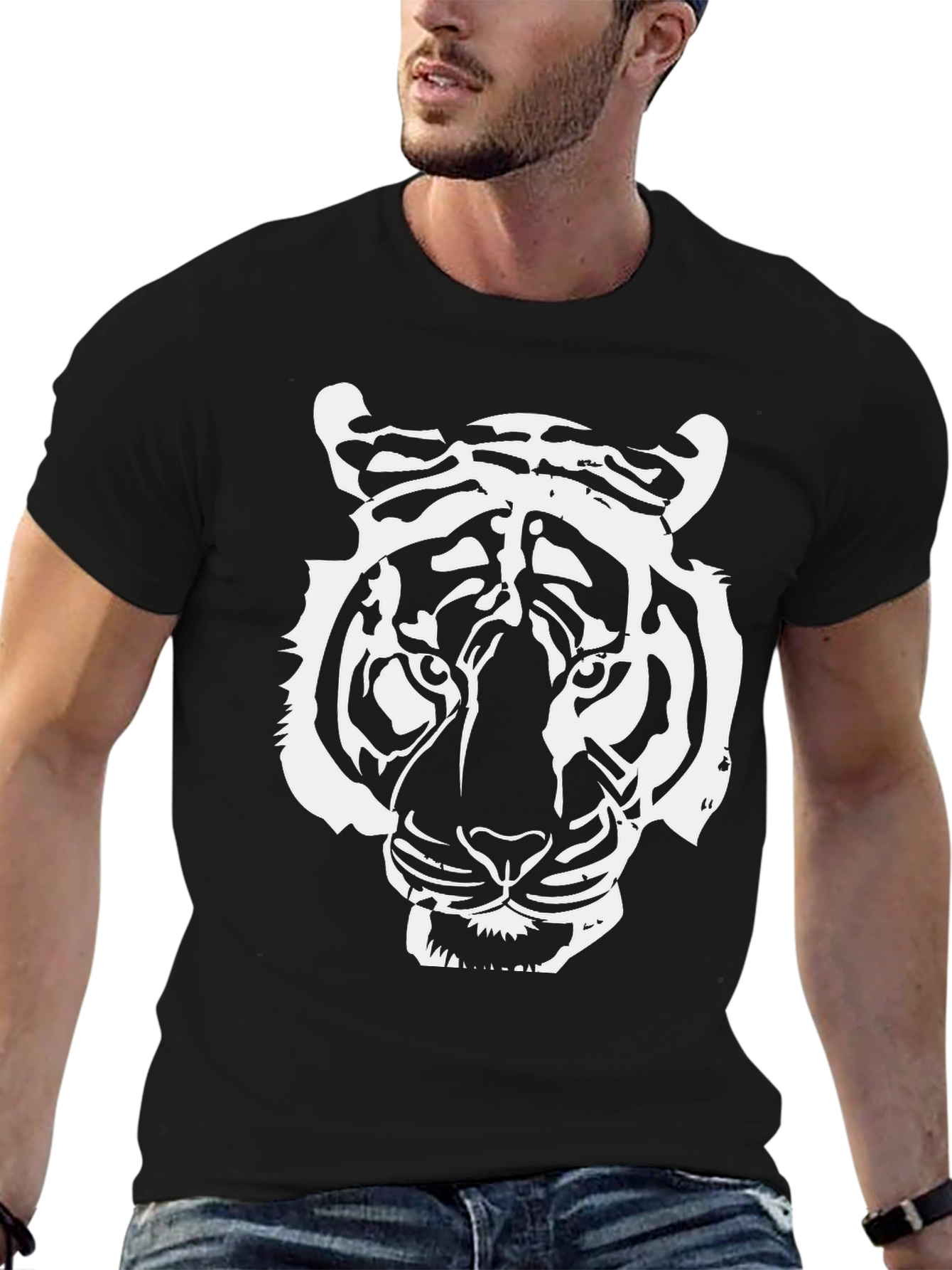 Bold Tiger Graphic Tee - Black Cotton T-Shirt