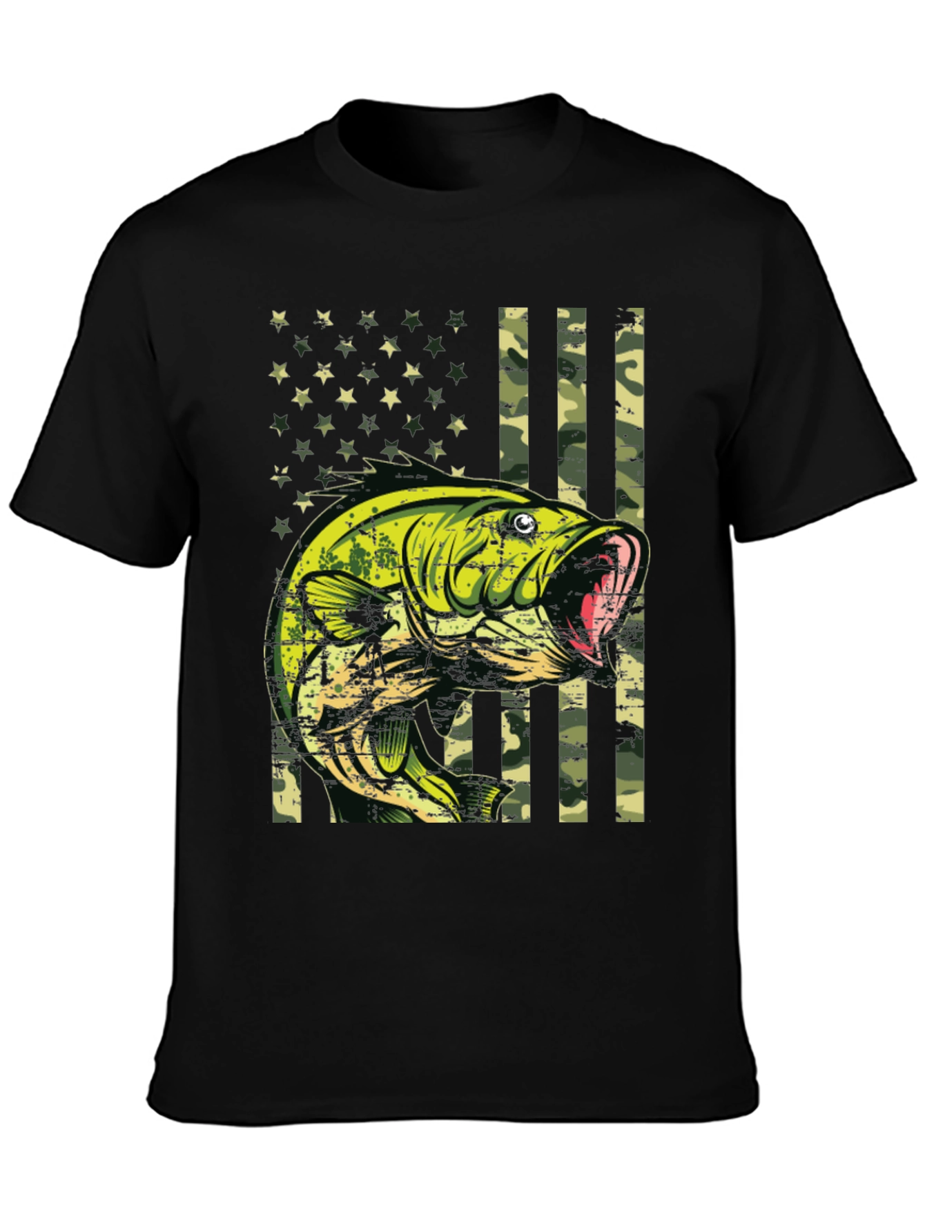 Bass Fish Camo American Flag Graphic T-Shirt