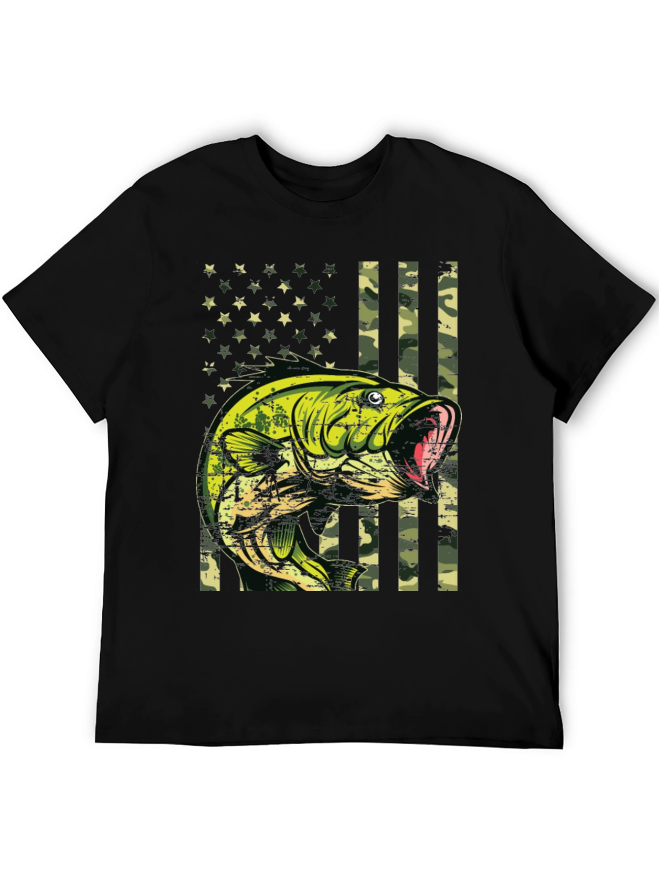 Bass Fish Camo American Flag Graphic T-Shirt