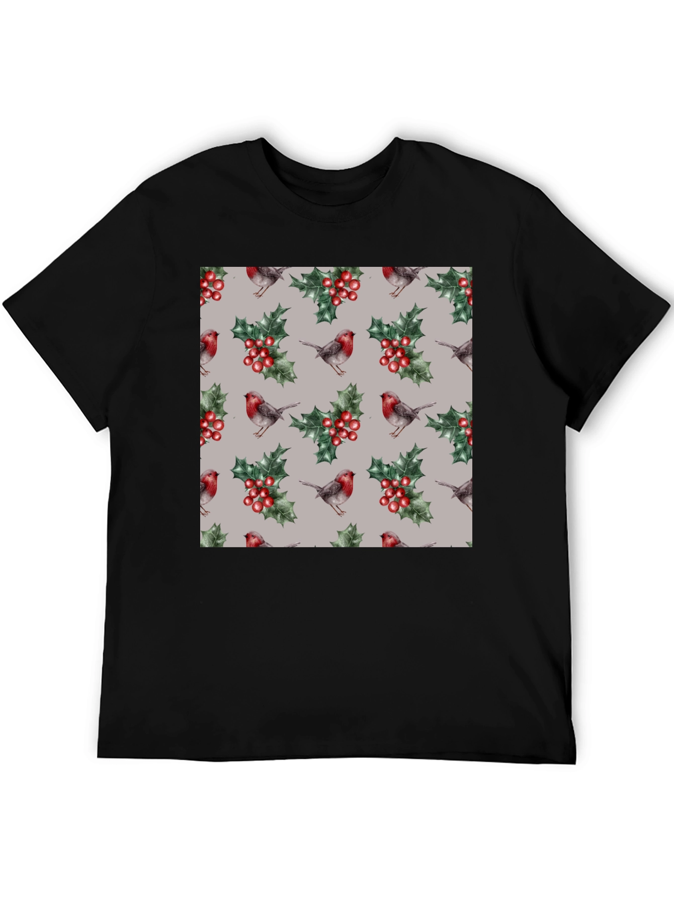 Festive Robin & Holly Pattern T-Shirt