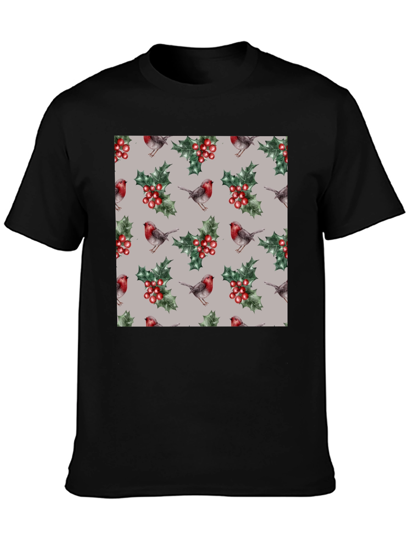 Festive Robin & Holly Pattern T-Shirt
