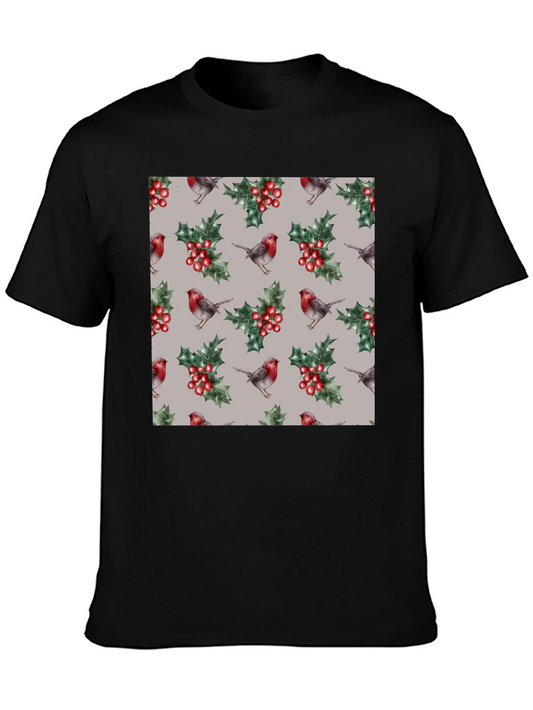 Festive Robin & Holly Pattern T-Shirt