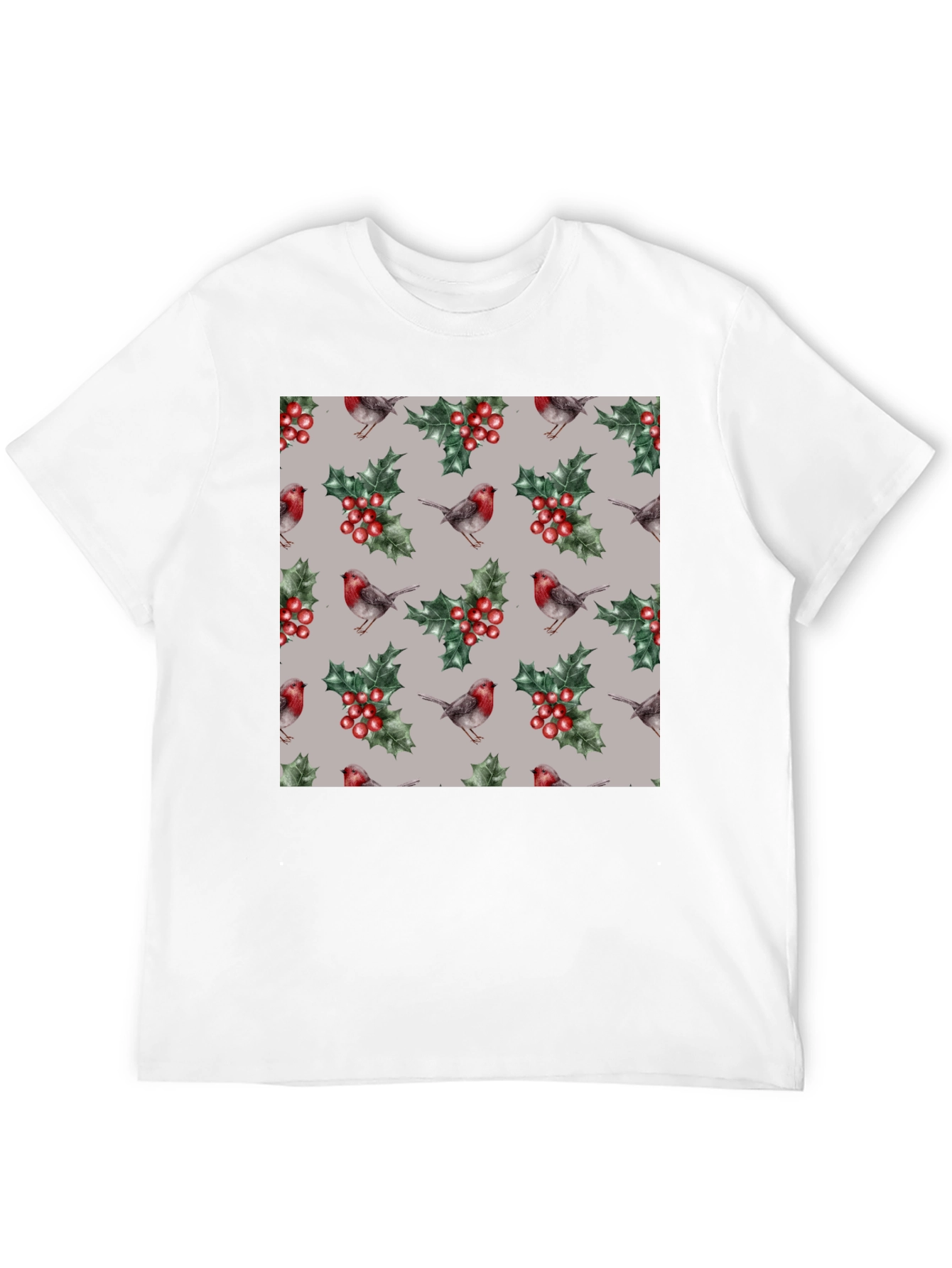 Festive Robin & Holly Pattern T-Shirt
