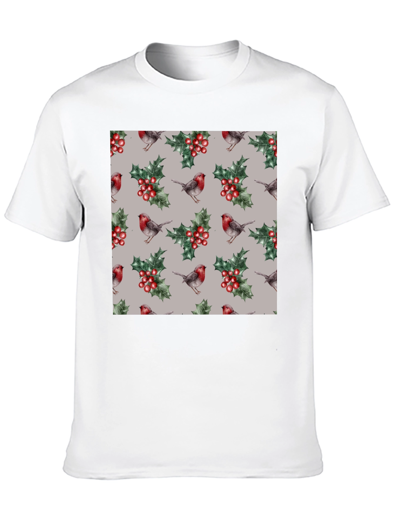 Festive Robin & Holly Pattern T-Shirt