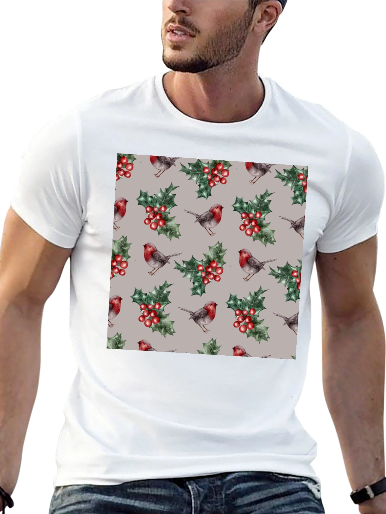 Festive Robin & Holly Pattern T-Shirt