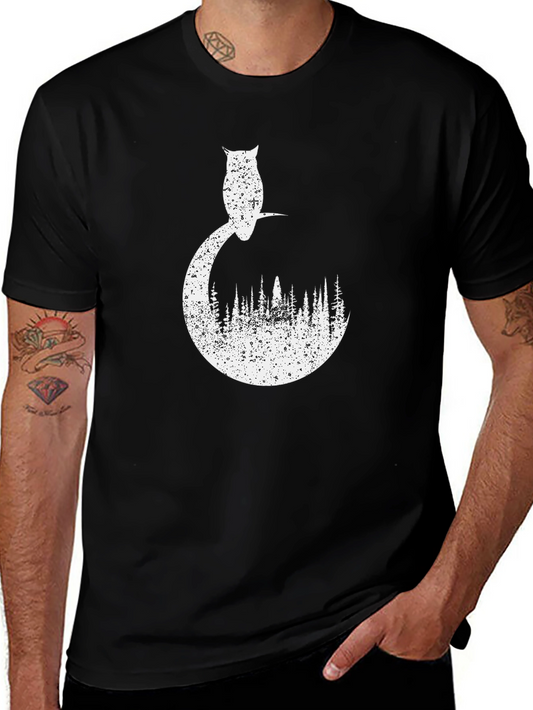 Owl Forest Graphic Tee - Black Cotton T-Shirt