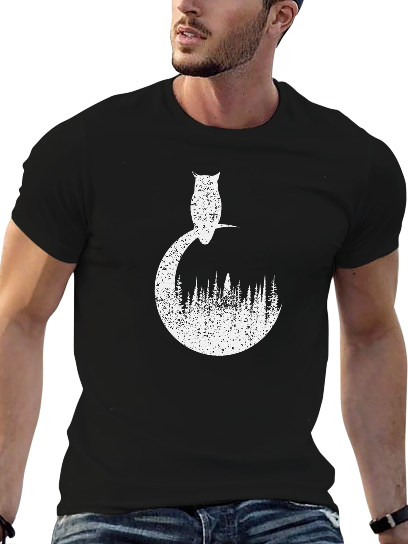 Owl Forest Graphic Tee - Black Cotton T-Shirt