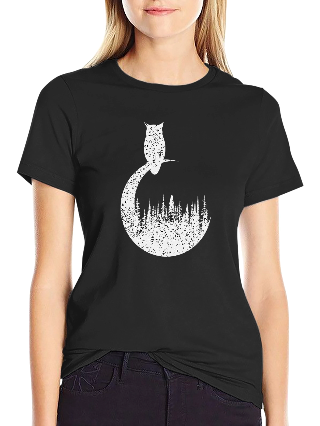 Owl Forest Graphic Tee - Black Cotton T-Shirt