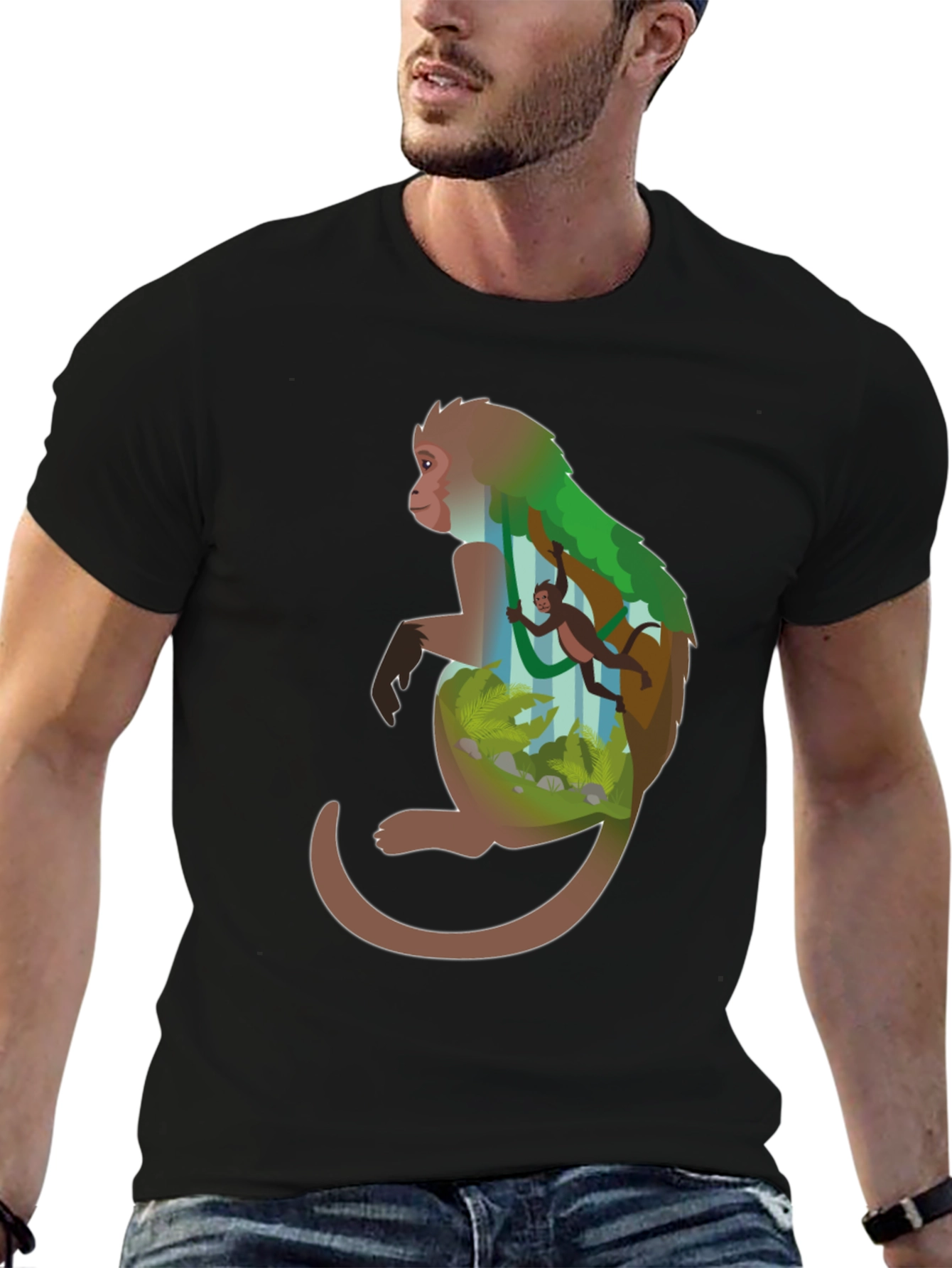 Monkey Forest Graphic Tee - Black Cotton Blend