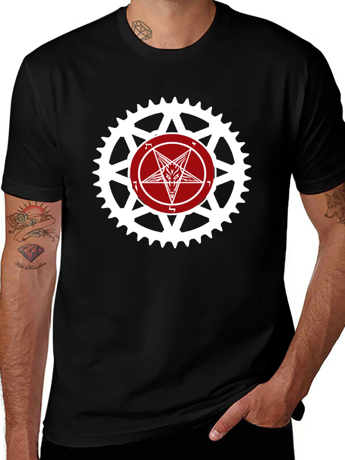 Satanic Star Bicycle Sprocket Graphic Tee - Black