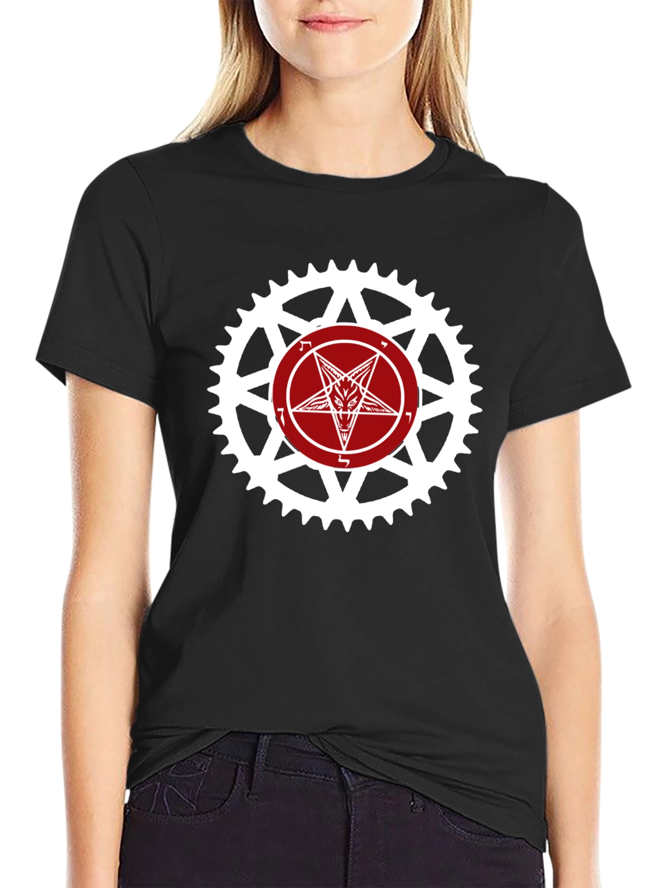Satanic Star Bicycle Sprocket Graphic Tee - Black