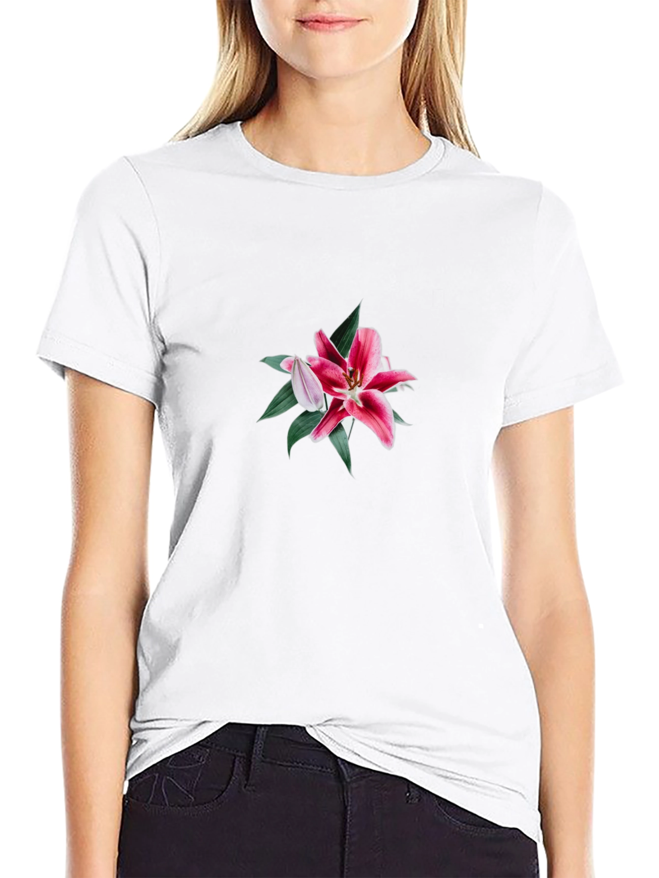 Black T-Shirt with Floral Lily Design