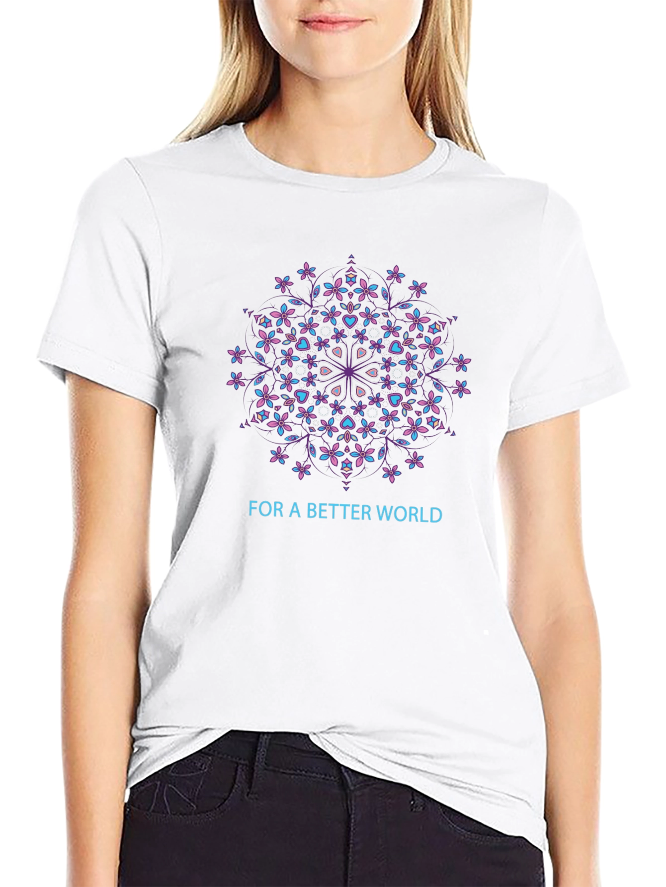 Floral Mandala Better World Black T-Shirt