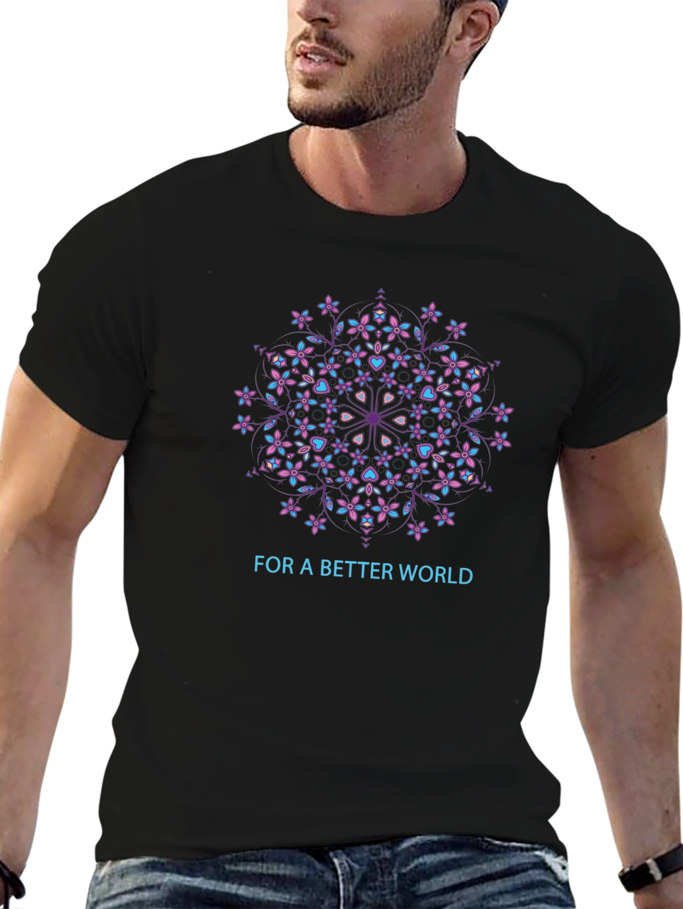 Floral Mandala Better World Black T-Shirt