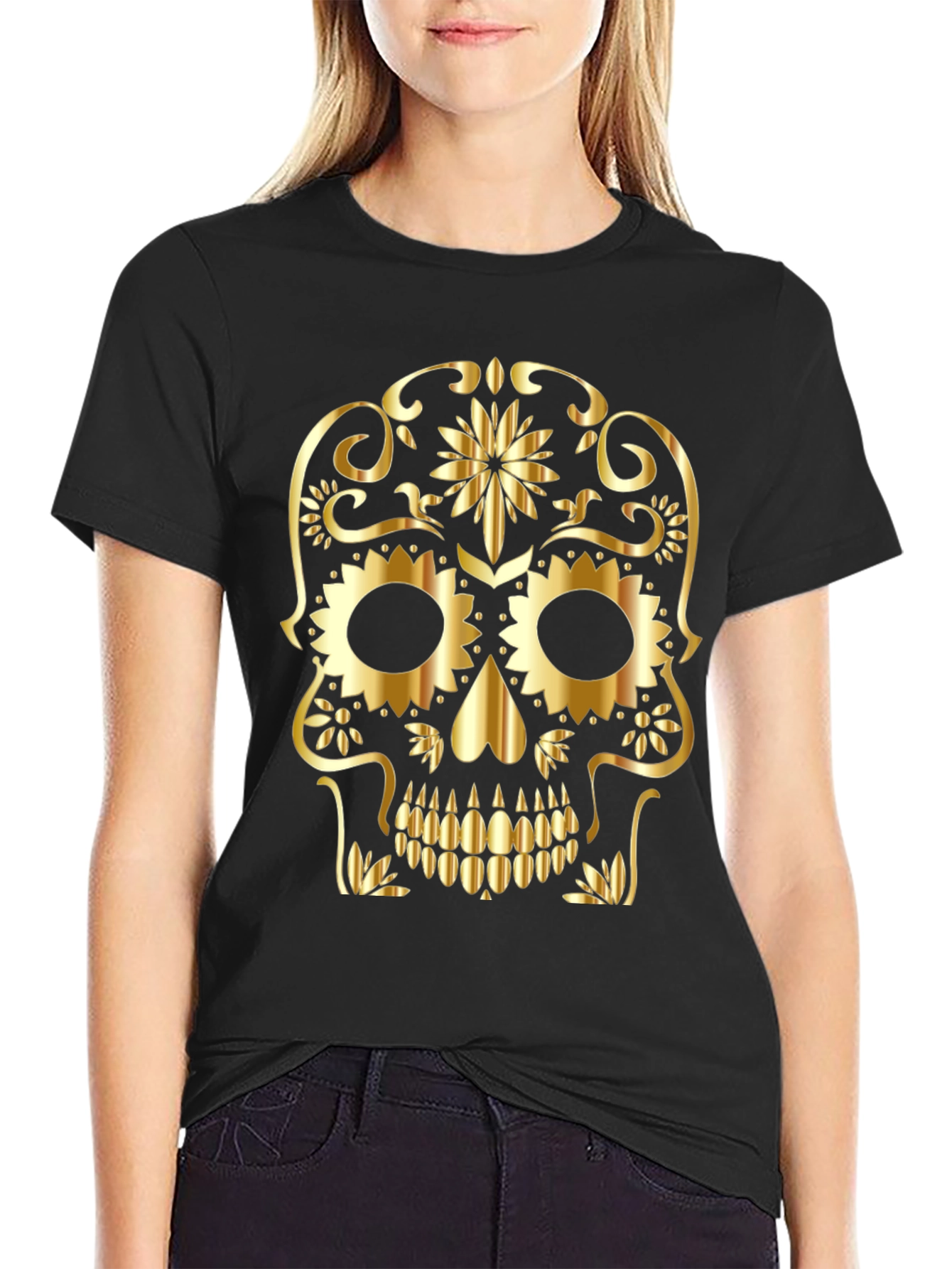 Gold Sugar Skull Graphic Black T-Shirt