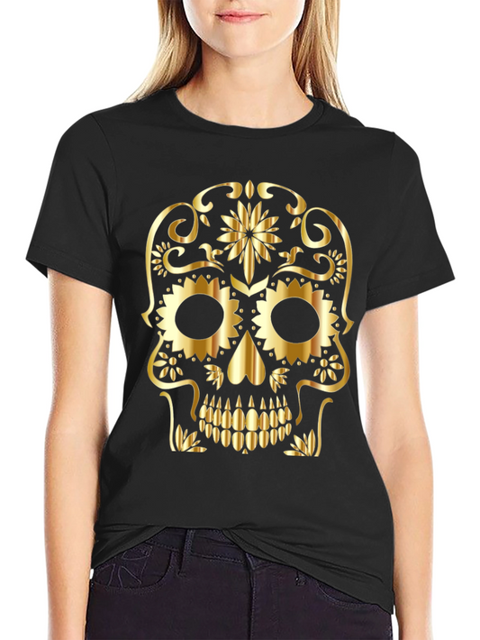 Gold Sugar Skull Graphic Black T-Shirt