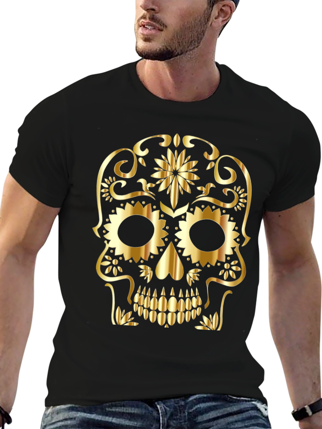 Gold Sugar Skull Graphic Black T-Shirt