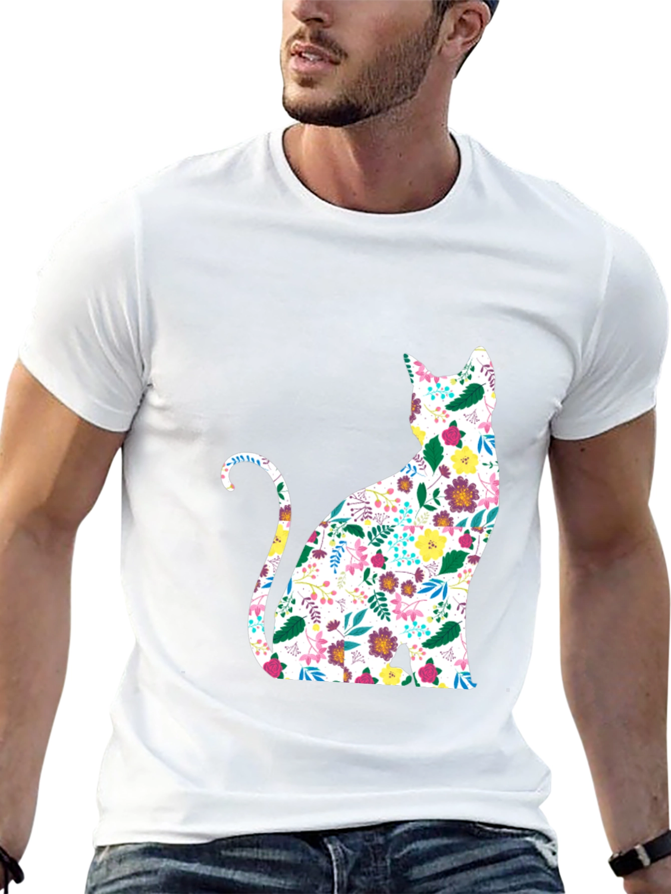 Floral Cat Graphic Black T-Shirt