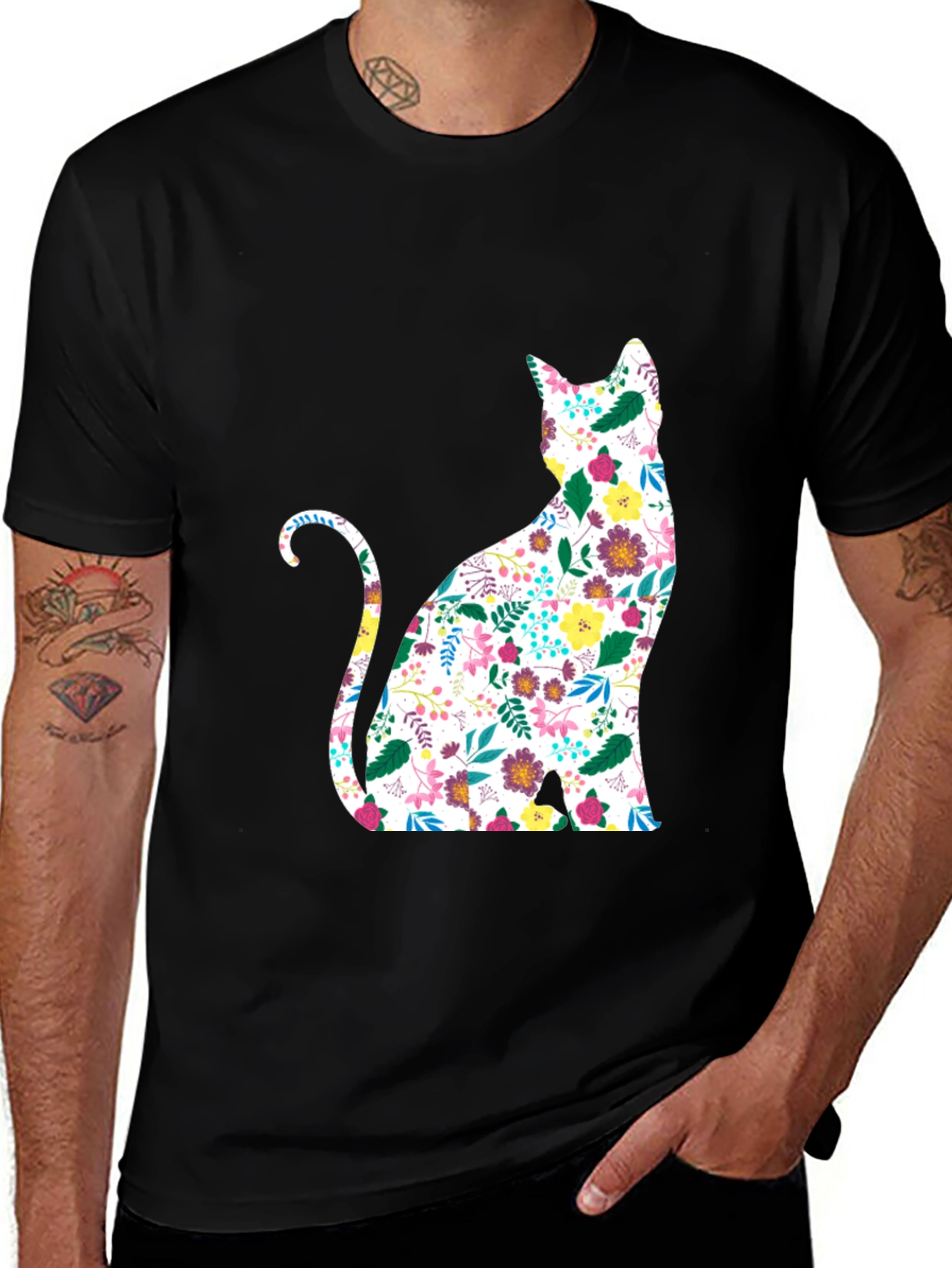 Floral Cat Graphic Black T-Shirt