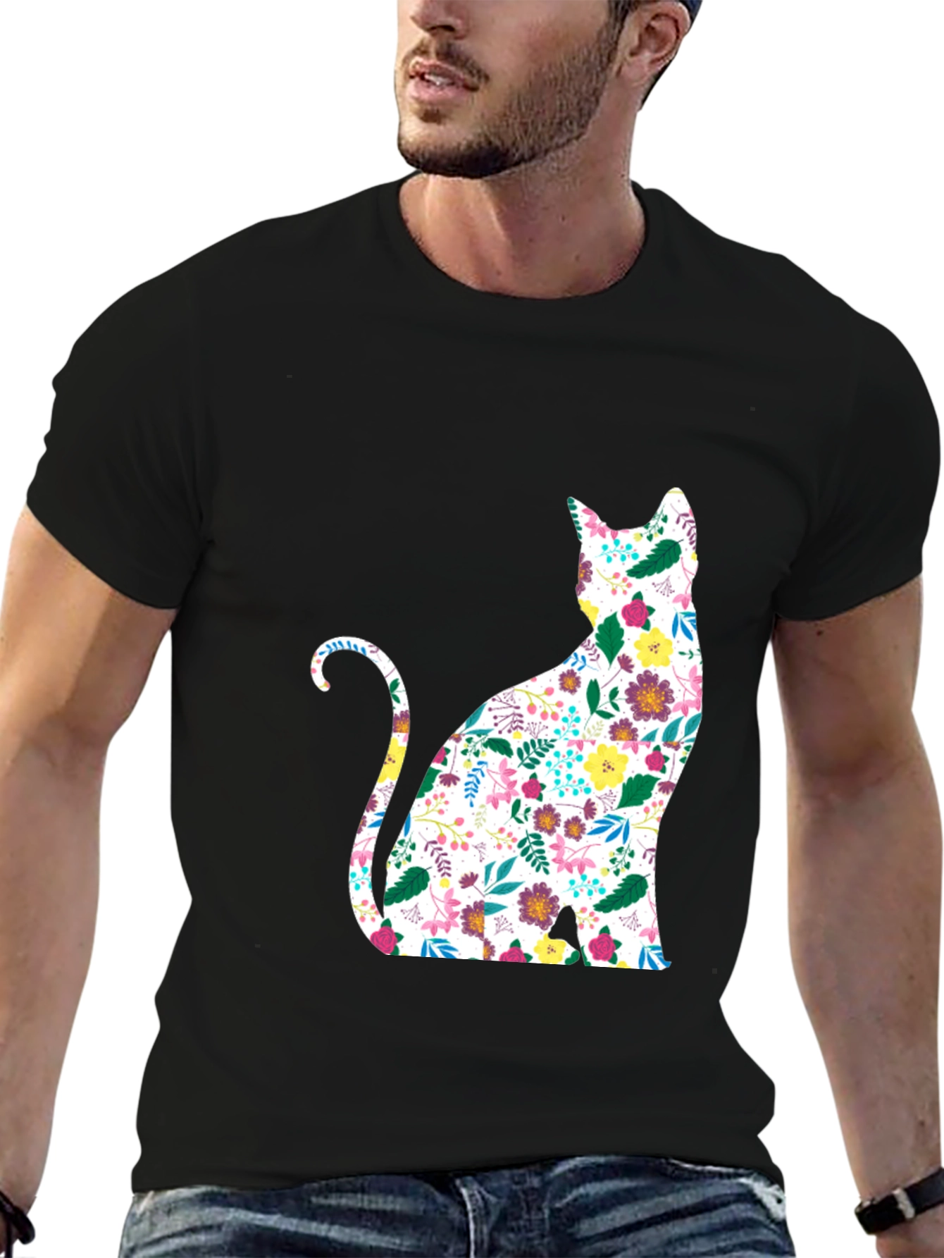 Floral Cat Graphic Black T-Shirt