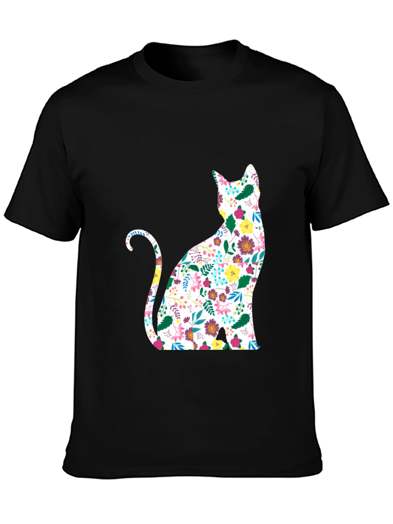 Floral Cat Graphic Black T-Shirt