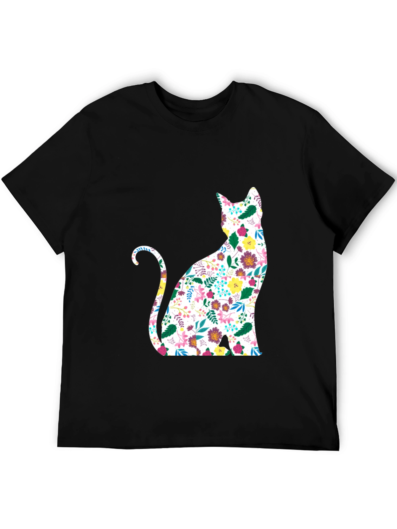 Floral Cat Graphic Black T-Shirt
