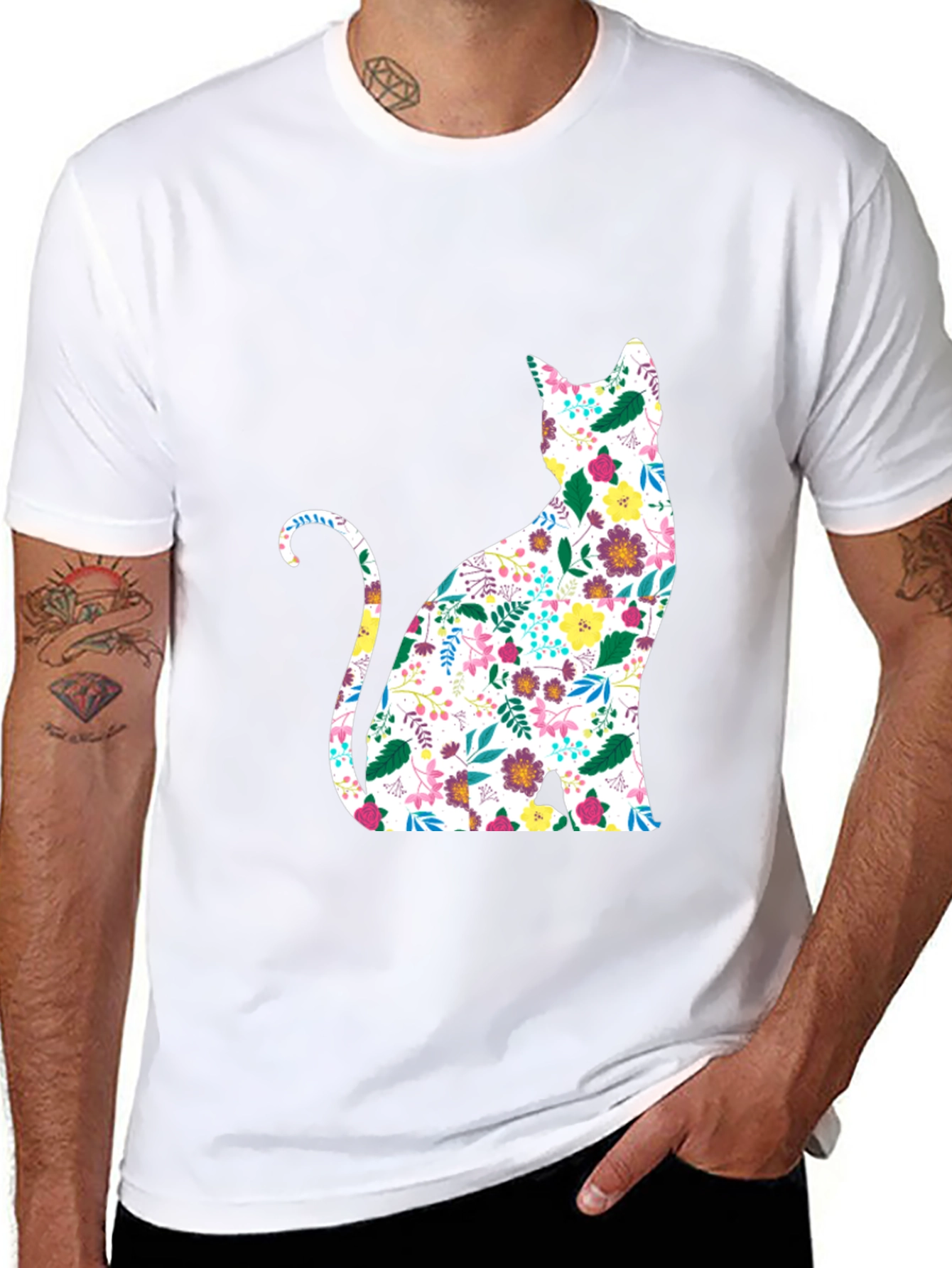 Floral Cat Graphic Black T-Shirt