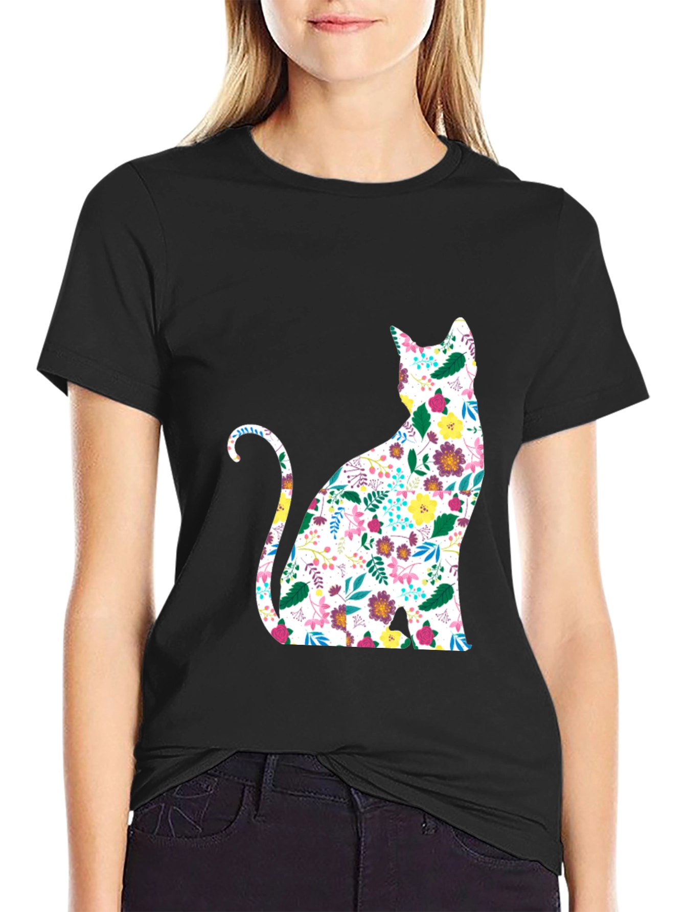 Floral Cat Graphic Black T-Shirt