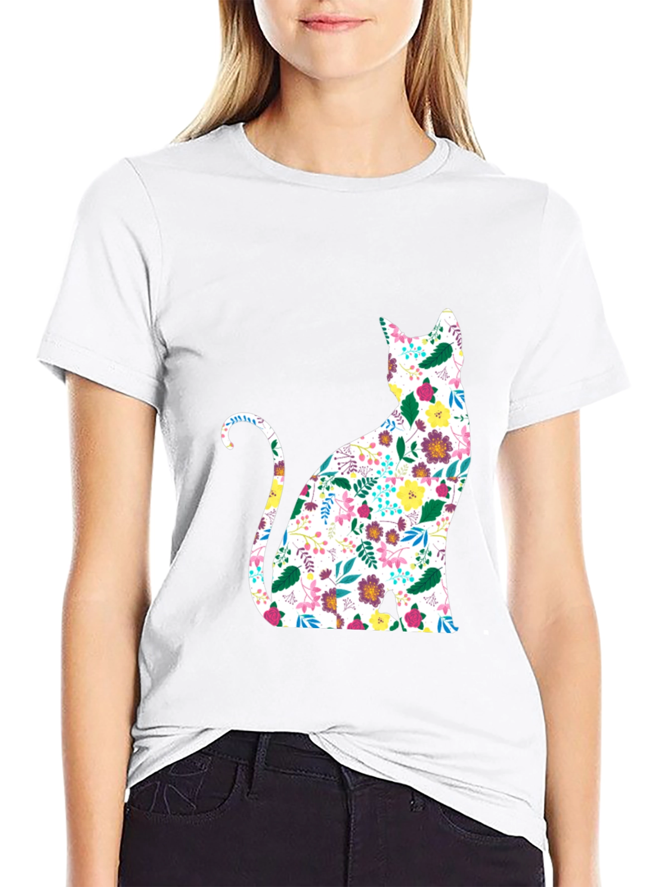 Floral Cat Graphic Black T-Shirt