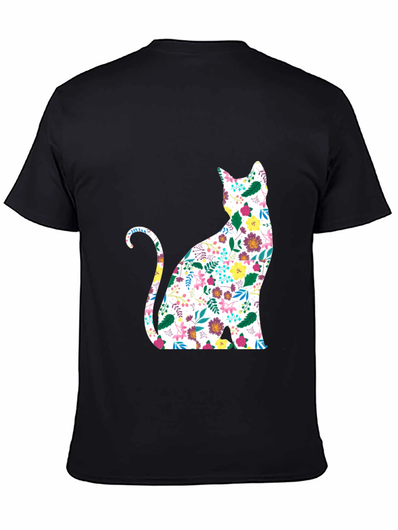 Floral Cat Graphic Black T-Shirt