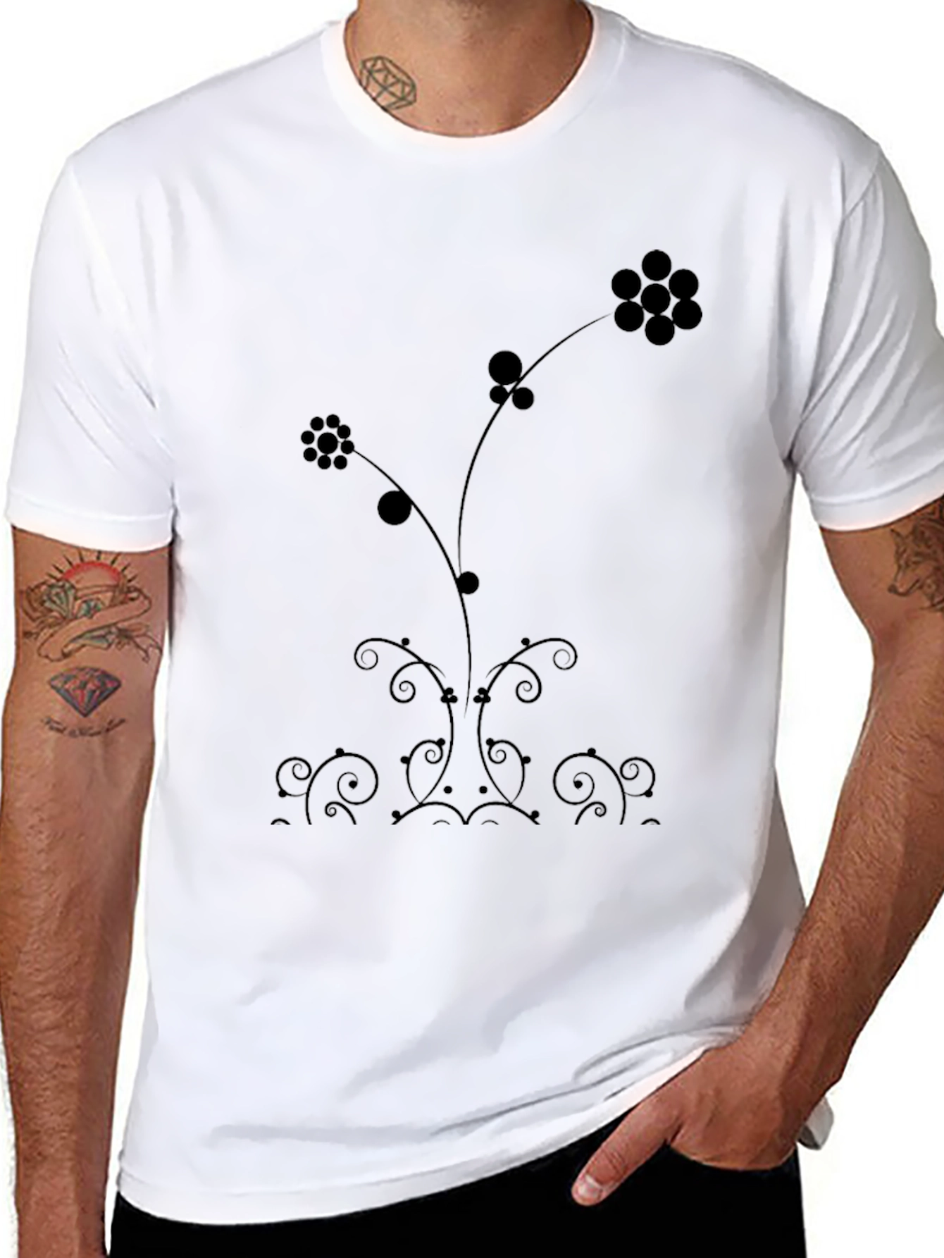 Elegant Floral Print Black T-Shirt