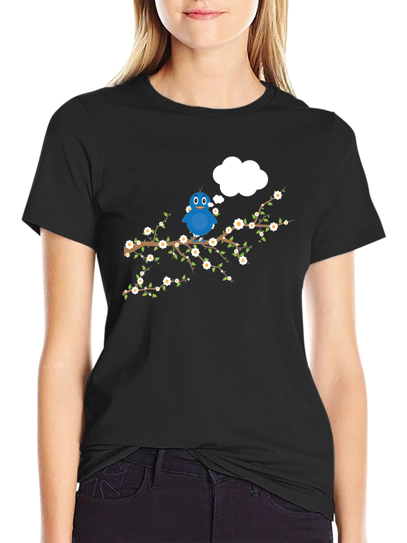 Blue Bird on Branch Graphic Tee - Black