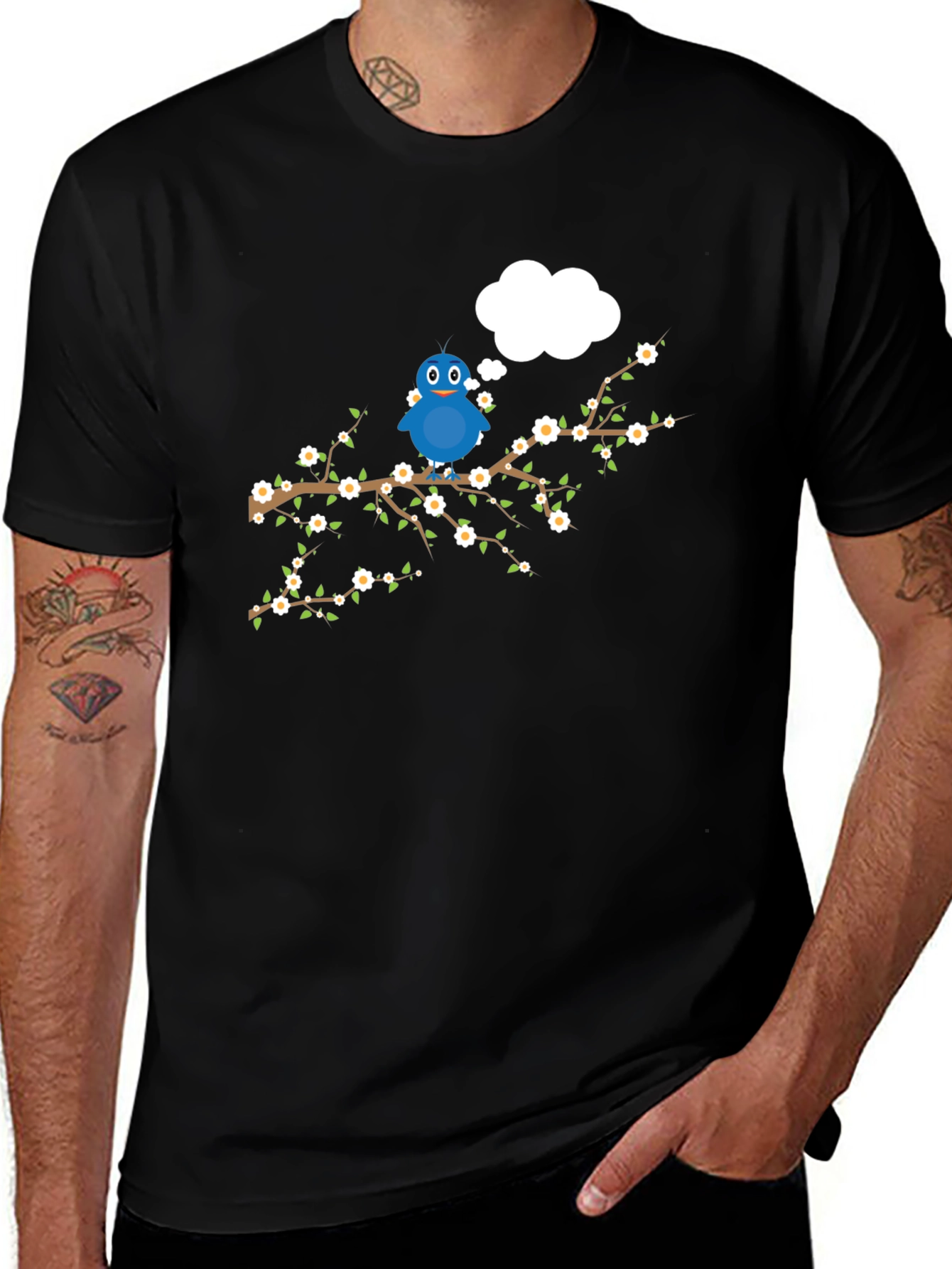 Blue Bird on Branch Graphic Tee - Black