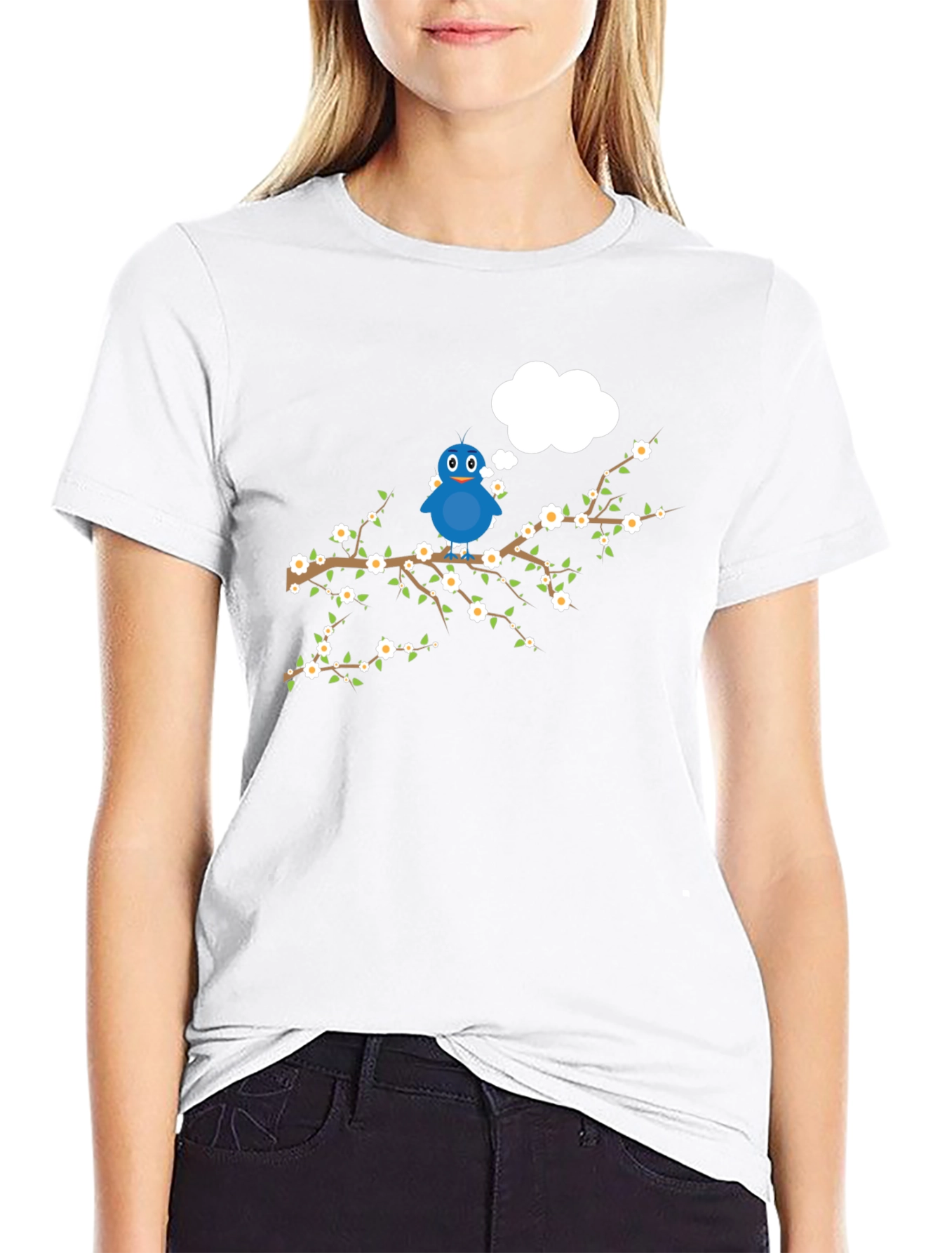 Blue Bird on Branch Graphic Tee - Black