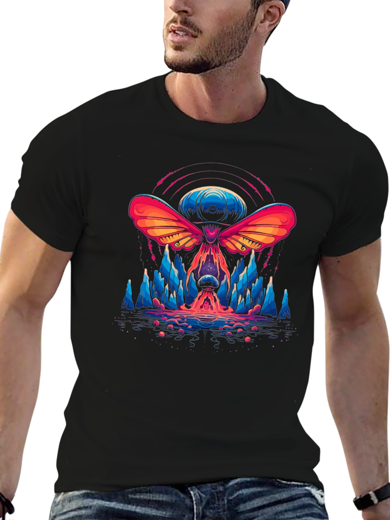 Psychedelic Moth Graphic T-Shirt - Black