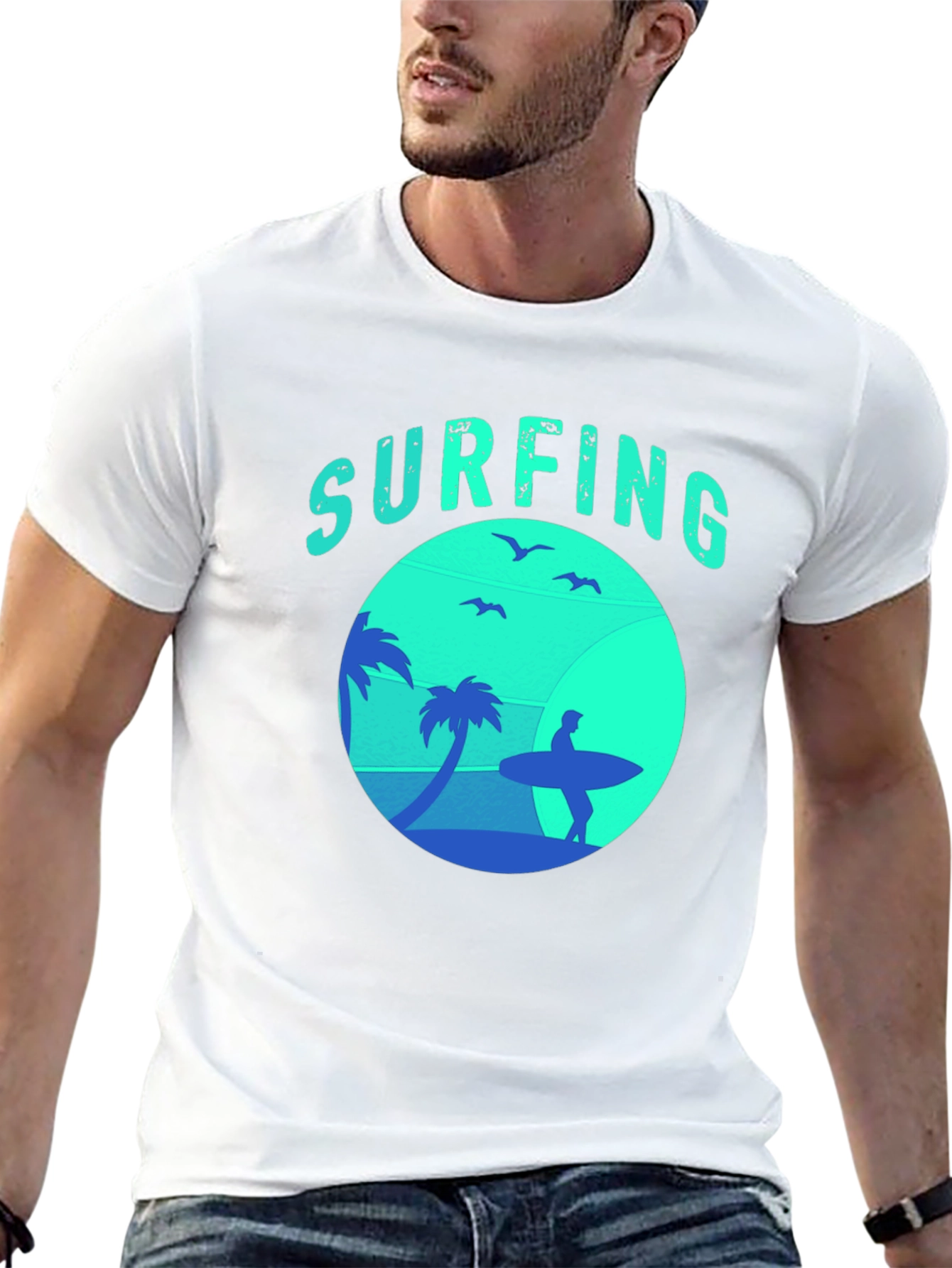 Surfing Silhouette Graphic Tee - Black Cotton T-Shirt