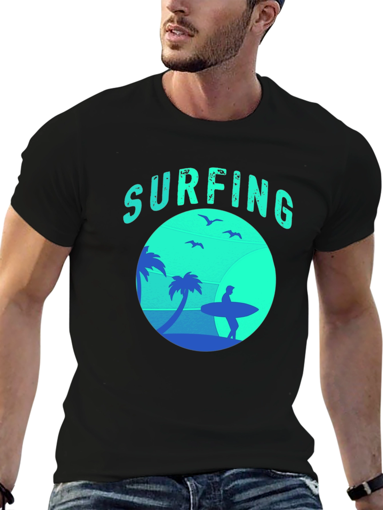 Surfing Silhouette Graphic Tee - Black Cotton T-Shirt
