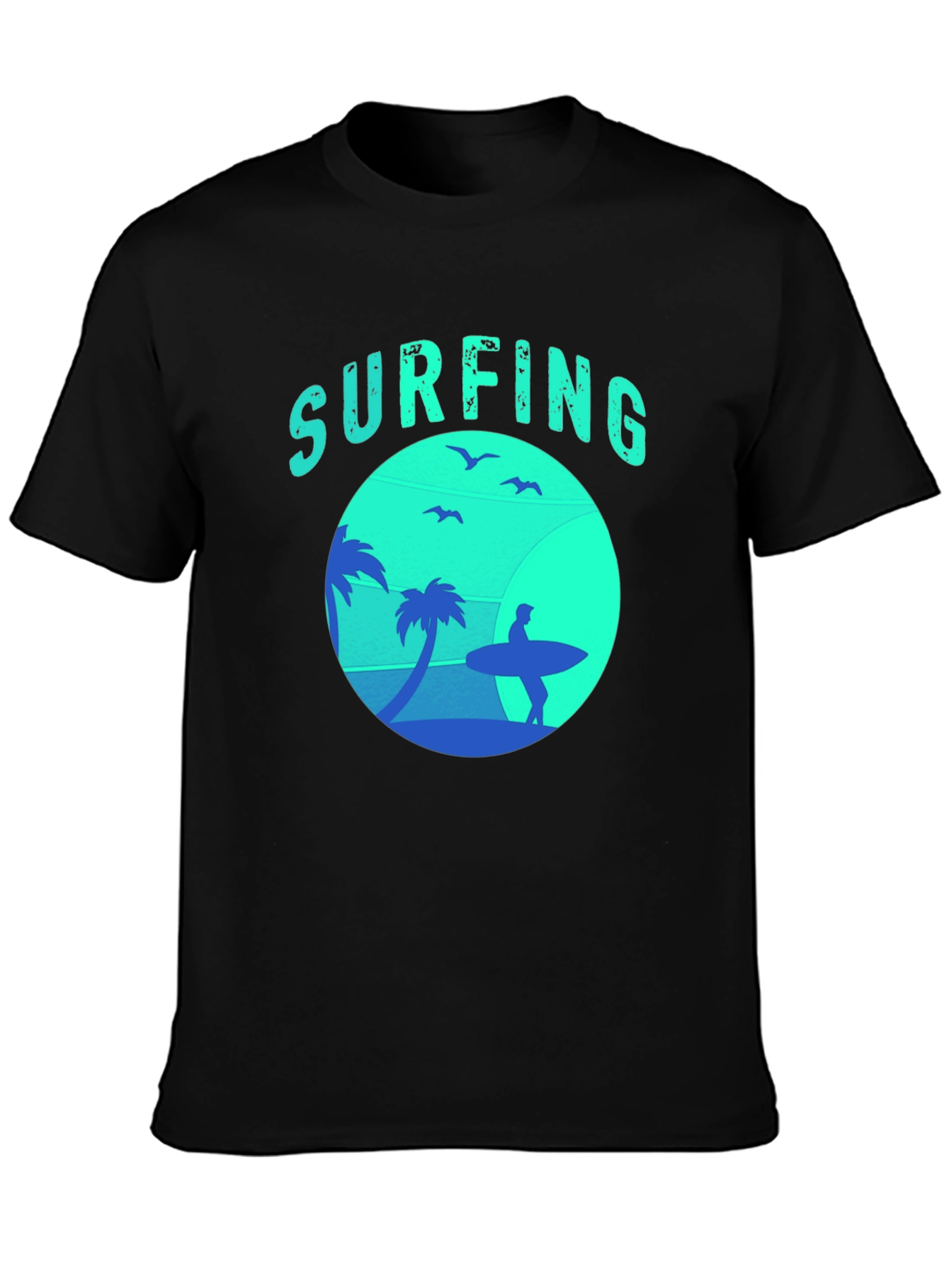 Surfing Silhouette Graphic Tee - Black Cotton T-Shirt
