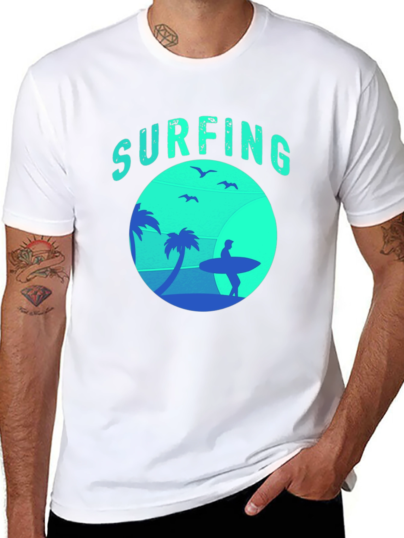 Surfing Silhouette Graphic Tee - Black Cotton T-Shirt