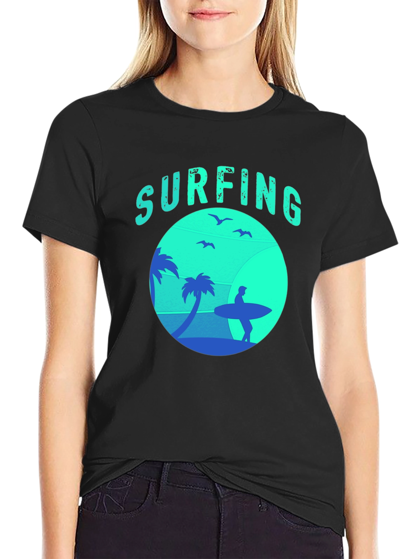 Surfing Silhouette Graphic Tee - Black Cotton T-Shirt