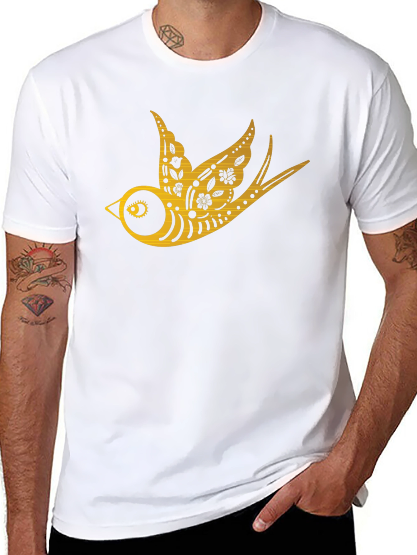 Mens Black T-Shirt with Golden Swallow Design