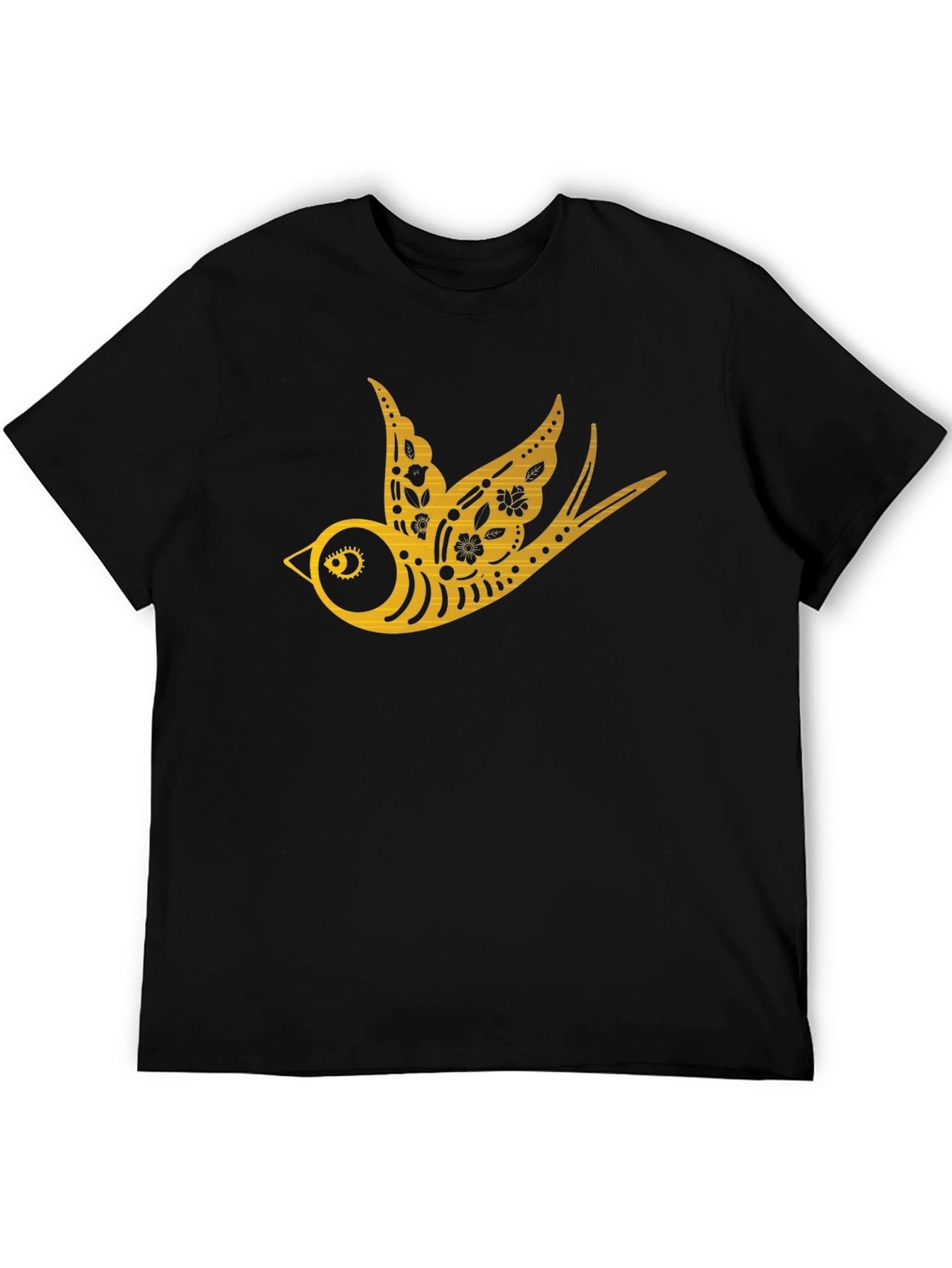 Mens Black T-Shirt with Golden Swallow Design