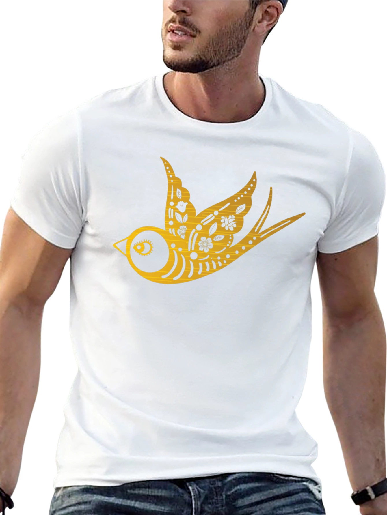 Mens Black T-Shirt with Golden Swallow Design