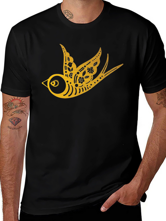 Mens Black T-Shirt with Golden Swallow Design