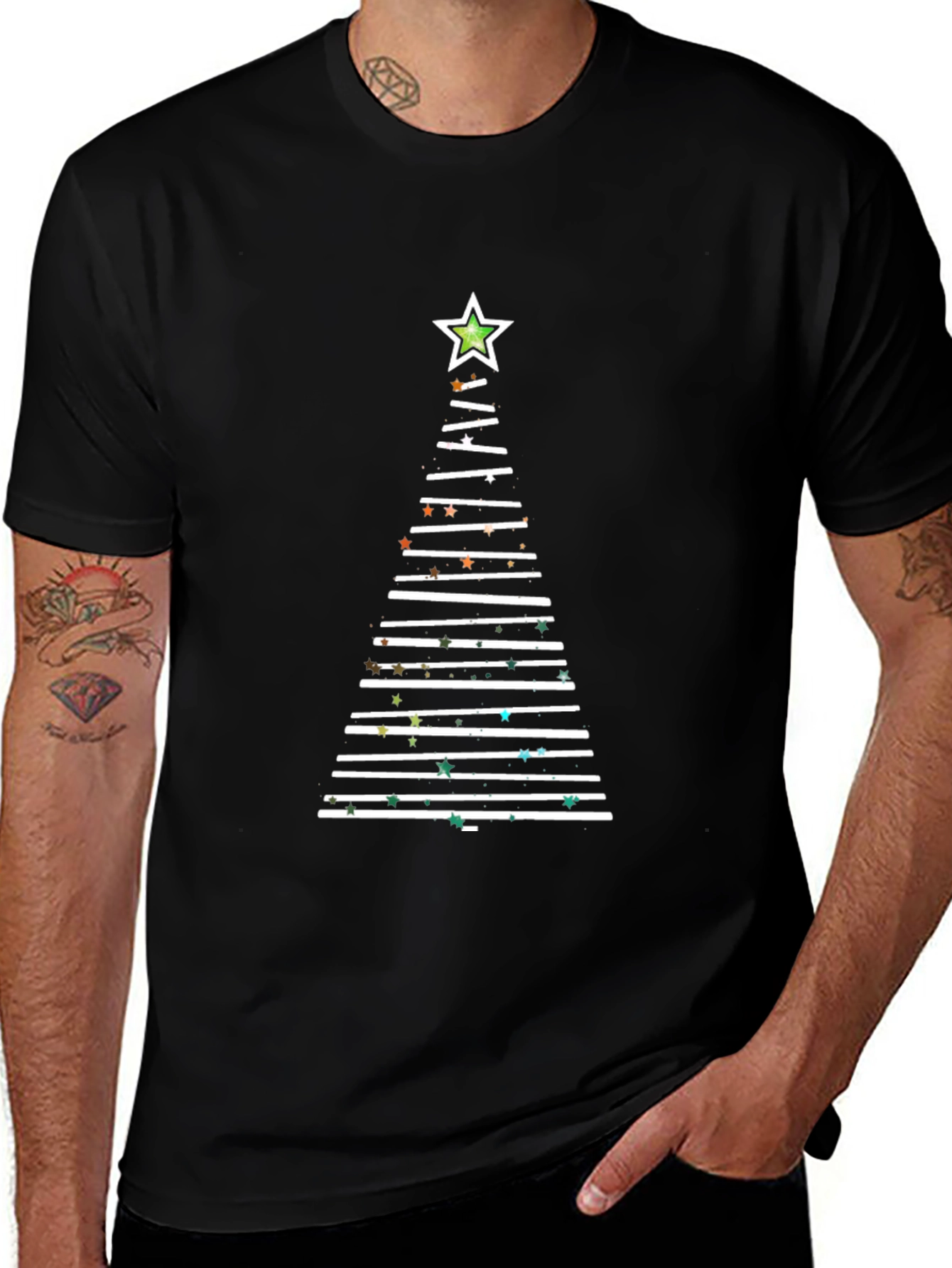 Festive Christmas Tree Line Art T-Shirt